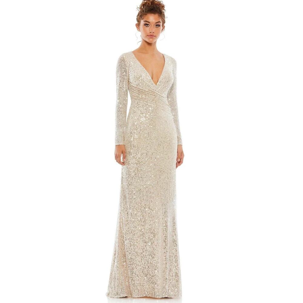 NWT Mac Duggal Silver Sequin Ruched Long Sleeve Column Gown Dress sz US 4 Glams